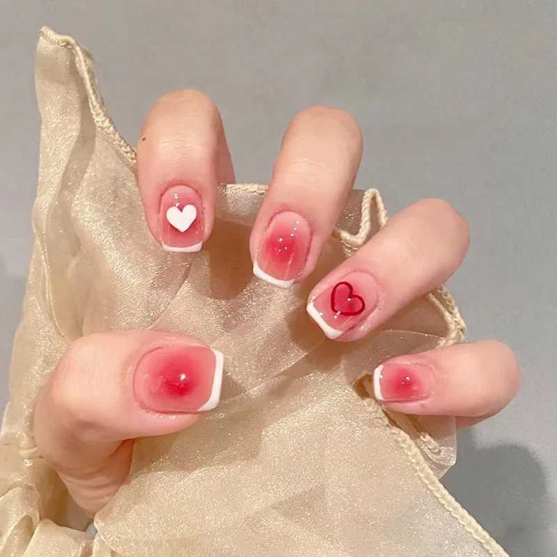 24pcs short square fake nails for women cute bride heart white french tips faux ongles y2k press on false nail supplies nail kitXJ241025