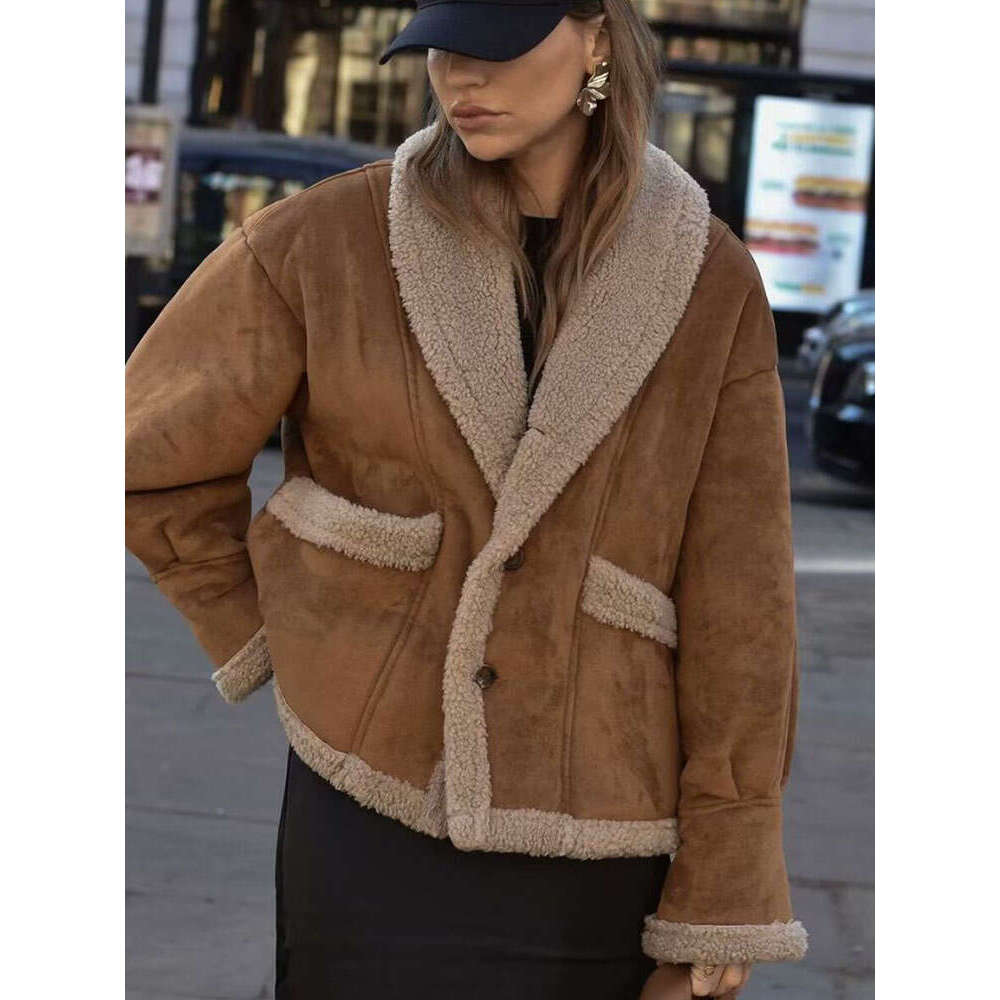 Woman Vintage Jacket Fleece Pocket Casual Long Sleeve Coat 2024 Ladies Autumn Warm Thicken High Street Elegant Outwear Chic