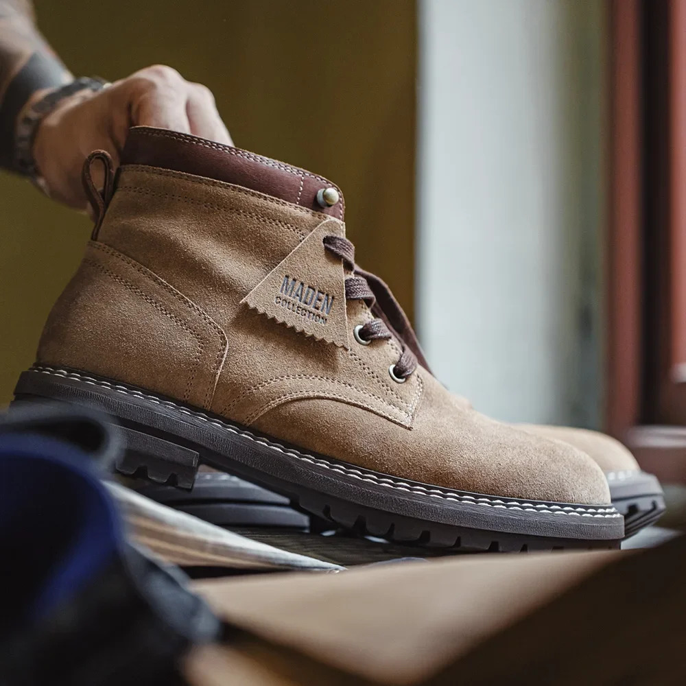 Maden autumn and winter mens mid top work boots round foot flat shoes retro outdoor shoes wear-resistant rubber soles 241024