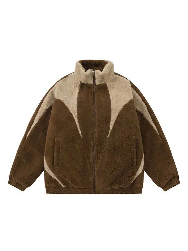 Autumn and winter new cashmere coat mens plush warm jacket fashionable casual stand up collar zipper pocket top loose version W241024