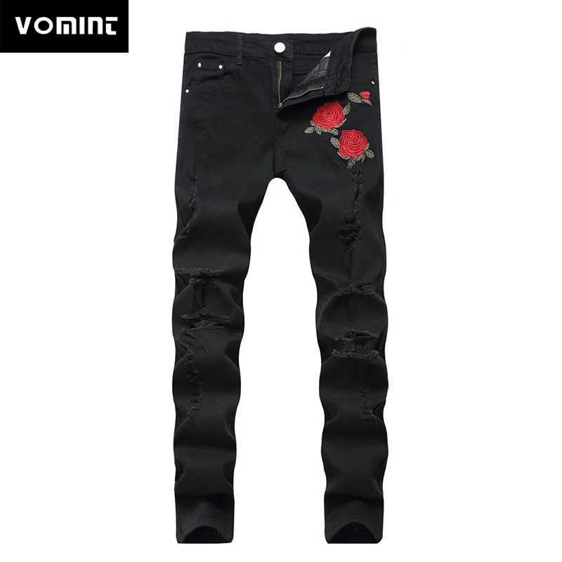 Men's Jeans New black ripped denim jeans with embroidered mens style floral and rose embroidered mens style denim jeans stretchy tight jeans Q241