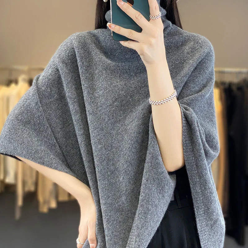 Autumn and Winter 100% Wool Pile Collar Large Shawl for Women Pure Color Asymmetrical Versatile Knitted Cape with 241021