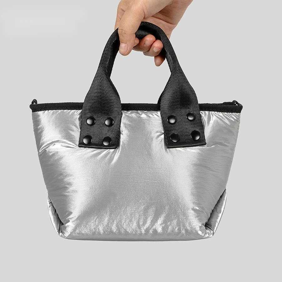 silver glossy cotton suit tote bag, high-end solid nylon handbag, small one shoulder crossbody 241015
