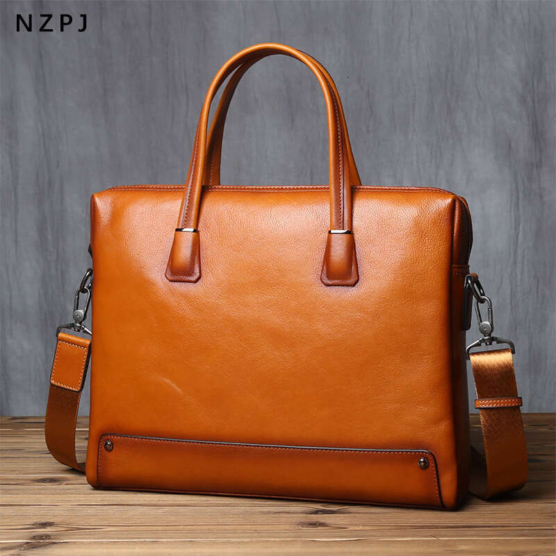 Leather Men Briefcase Natural Cowhide Handbag Vintage Computer Bag Casual Business Shoulder Messenger For 14-Inch Laptop