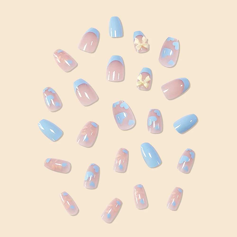 24Pcs/Set Women Girls Medium Coffin Shaped Blue French Heart Flower Yellow Bow Decoration Wearable Fake Nail Press on Nail ArtXJ241025