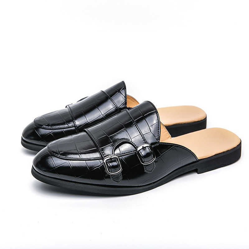 Men Dress Shoes Summer Mens Casual Shoes Half Dragged Korean Edition Buckle Leather Shoes Half Dragged Small Shoes 241009