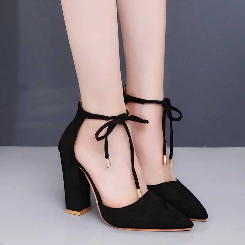 High Quality Sexy Pointed Toe Womens Shoes Square High Heels Lace Up Womens Pump Wedding Belt Blue Womens Shoes Zapatos MUJI Product Size 43 T241024