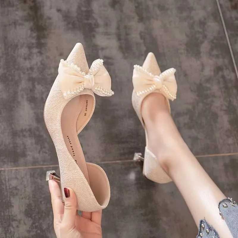 High Quality Womens High Heels Spring/Summer New Hollow Girl Dot Pearl Bow Stiletto High Heels Party Single Shoes Womens Pump Sandals T241024