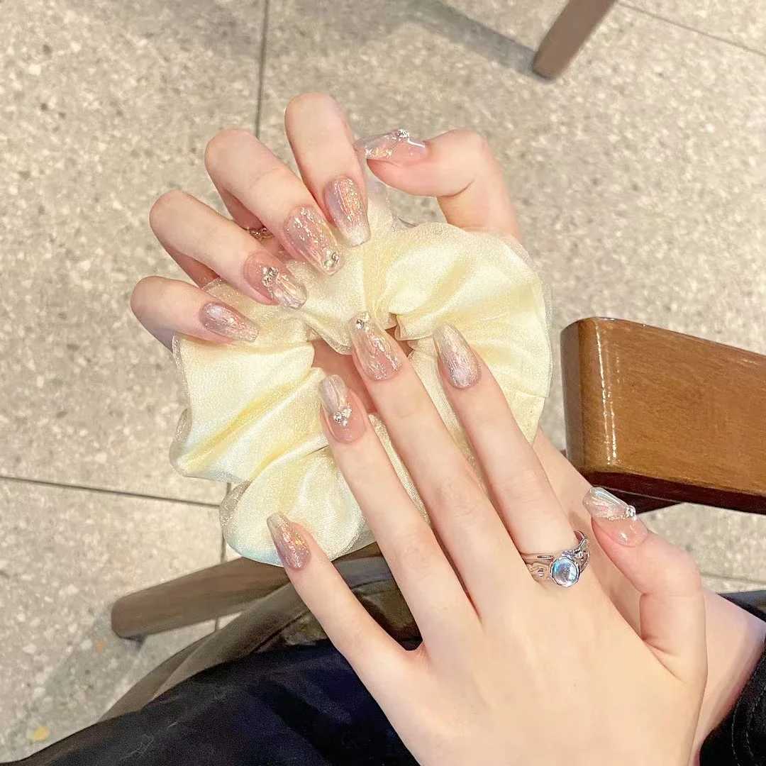 10Pcs Aurora Handmade False Nails with Jelly Glue Long Almond Fake Nail Art Shell Design Press on Nails Full Cover Manicure TipsXJ2410