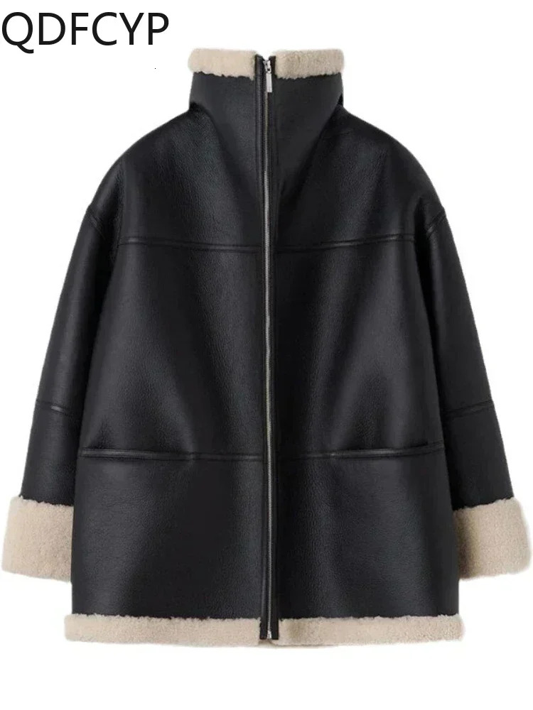 Women's Coats 2024 Autumn Winter New Fashion Large Fur Collar PU Jacket Top Casual Loose Thickened Warm Faux Leather Coat Women