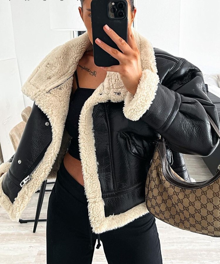 CNACNOO Women Fashion Thick Warm Faux Leather Shearg Jacket Coat Vintage Long Sleeve Flap Pocket Female Outerwear Chic Tops