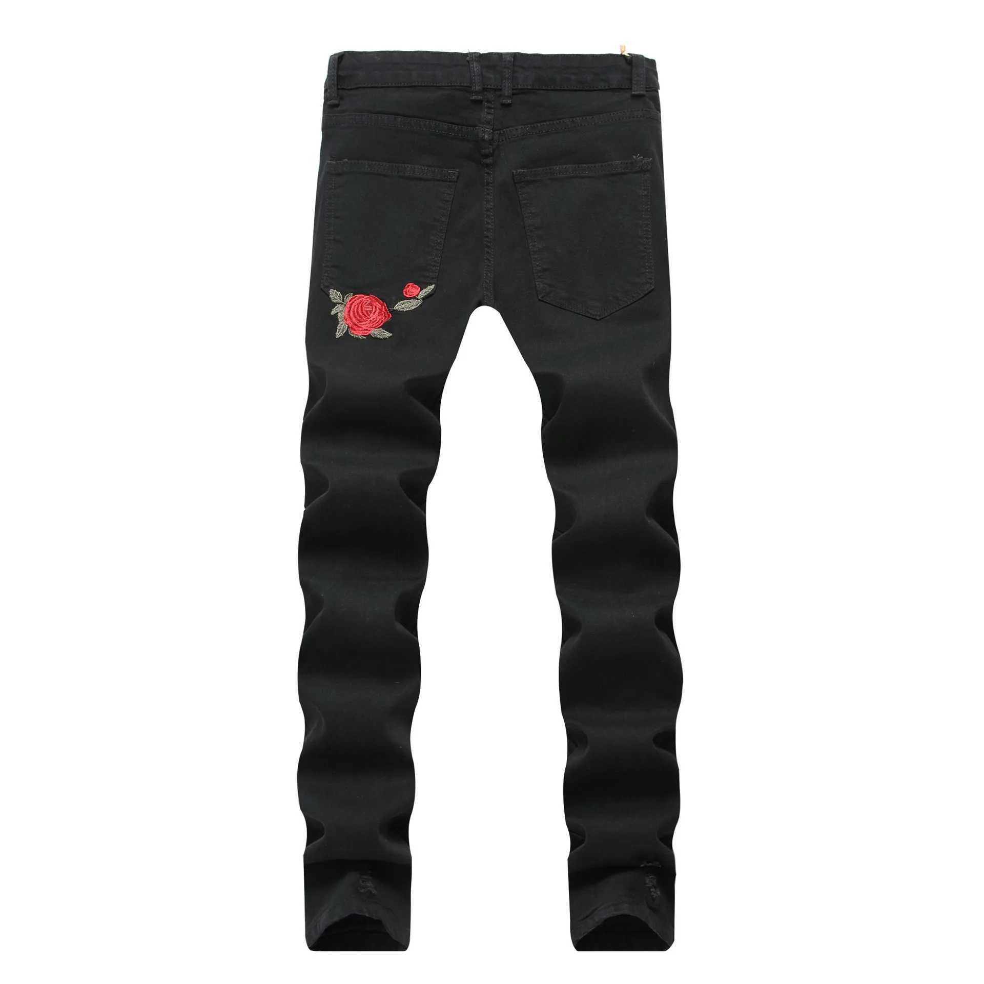 Men's Jeans New black ripped denim jeans with embroidered mens style floral and rose embroidered mens style denim jeans stretchy tight jeans Q241