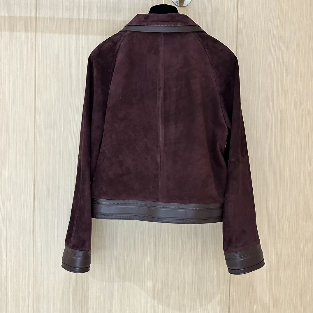 Genuine leather womens autumn solid sheepskin lapel zipper Normcore fashion basic womens clothing 241024