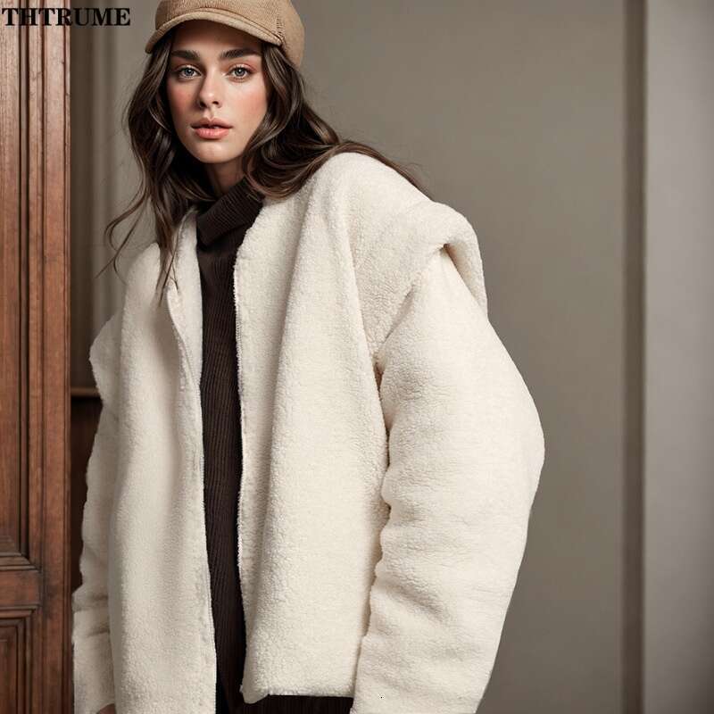 Elegant Fleece Autumn Jackets Fashion Women Solid Long Sleeve V-Neck Zipper Loose Coats Casual Streetwear Wool Thick New Jacket