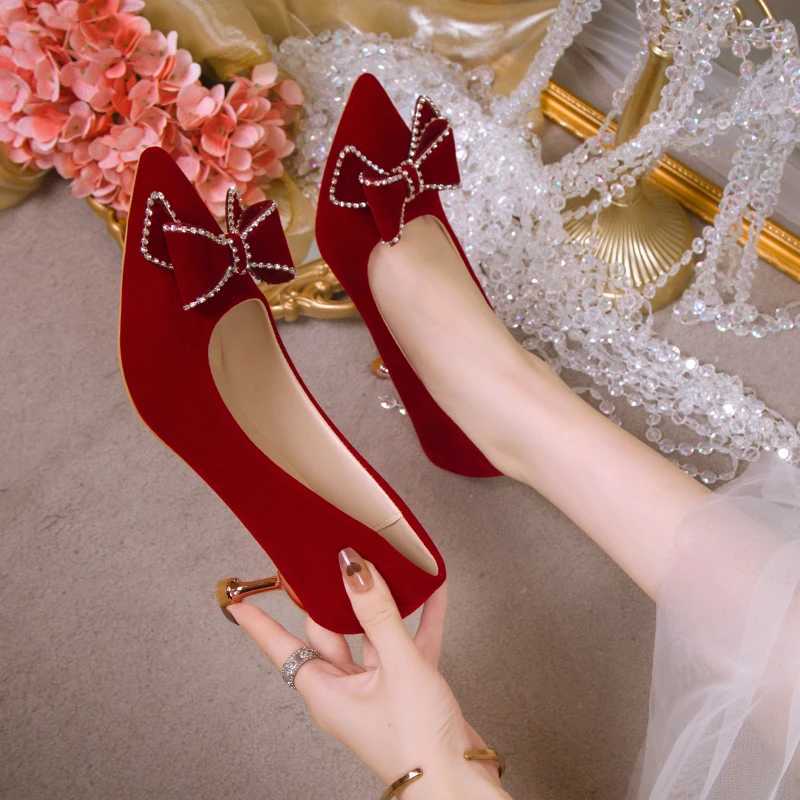 High Quality Spring/Summer New Rhine Bow Red Bridal High Heels Womens Pointed Slide Pump Large Wedding Shoes T241024