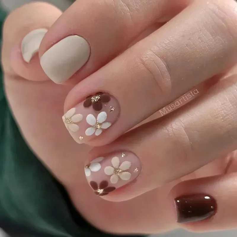 24pcs Short Square Fake Nails with Flower Designs Autumn Fall Pattern Press on Nails Full Cover Nails Tips Ballet False Nail TipXJ241025