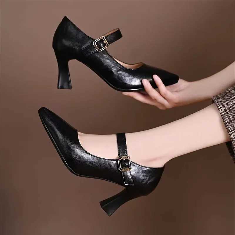 High Quality Brown Black Mary Jane Pump Womens Fi Dot Short and Fat High Heels Elegant Simple Solid Color Office Womens Shoes T241024