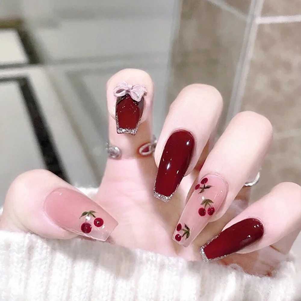 24Pcs Coffin Press on Nails Full Finished Deep Red False Nails Cherry Pattern Fake Nails for Women and Girls Fake Nail PatchXJ241025