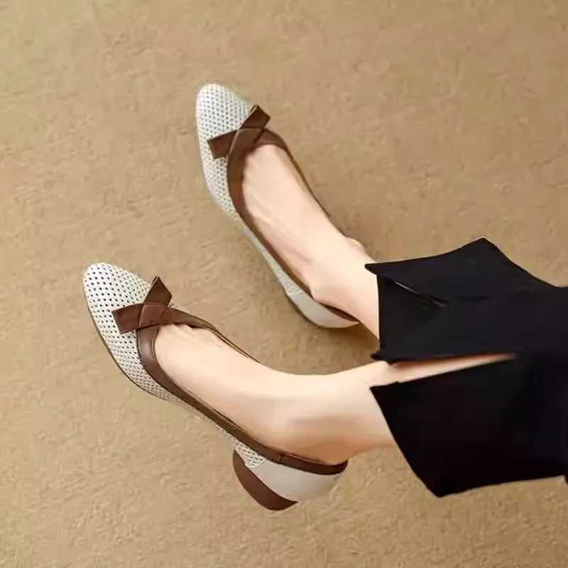 High Quality New genuine leather bow shoes womens hollow breathable pump beige low heel retro womens luxury shoes T241024
