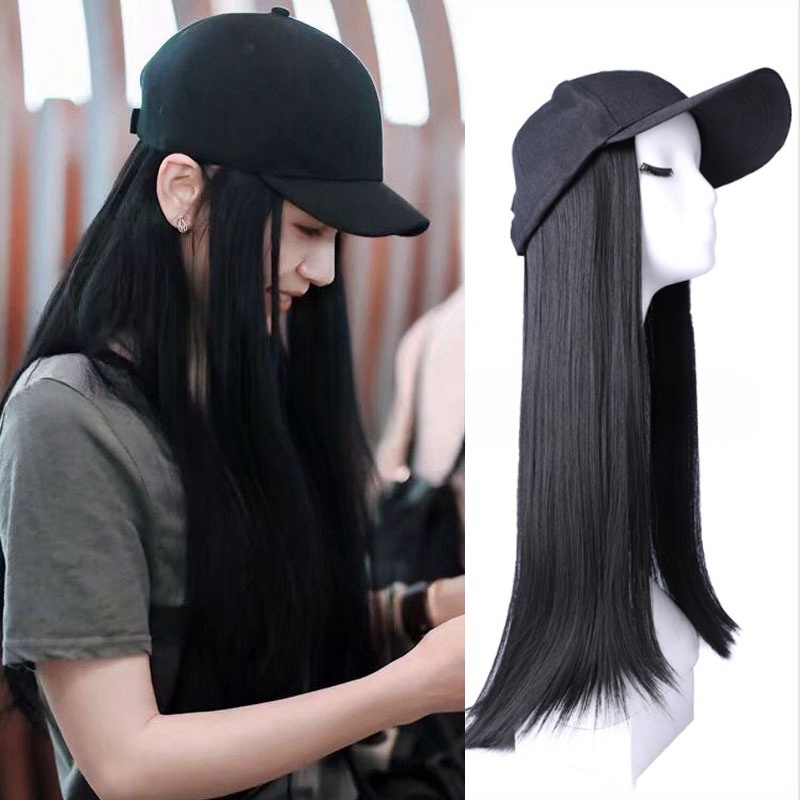 Hat wig female one-piece black long straight hair European and American new simulation long hair