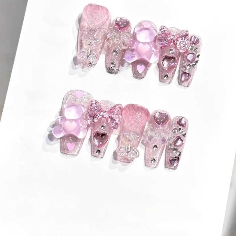 Nude Collection Handmade Fake Nails Simple Coffin Cute Nails 10Pcs High Quality Artifical Falsenails Press On Love Bow DecorXJ241025