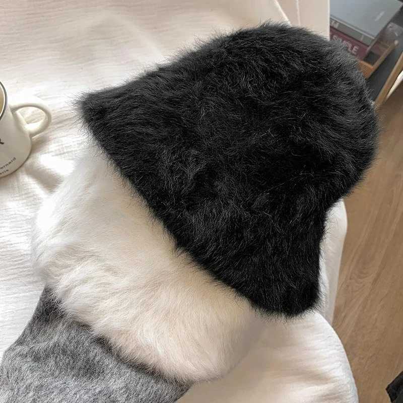 Rabbit Fur Fisherman Hat for Women Windproof Autumn-winter Basin Hat Head Round Plush Warm Black White Bucket Caps for FemaleX241025