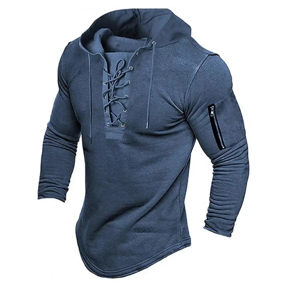 No Ironing Men Hoodie Vintage Laceup Stylish Mens Pullover with Zipper Detailing Slim Fit for Spring Fall Casual Style 241025