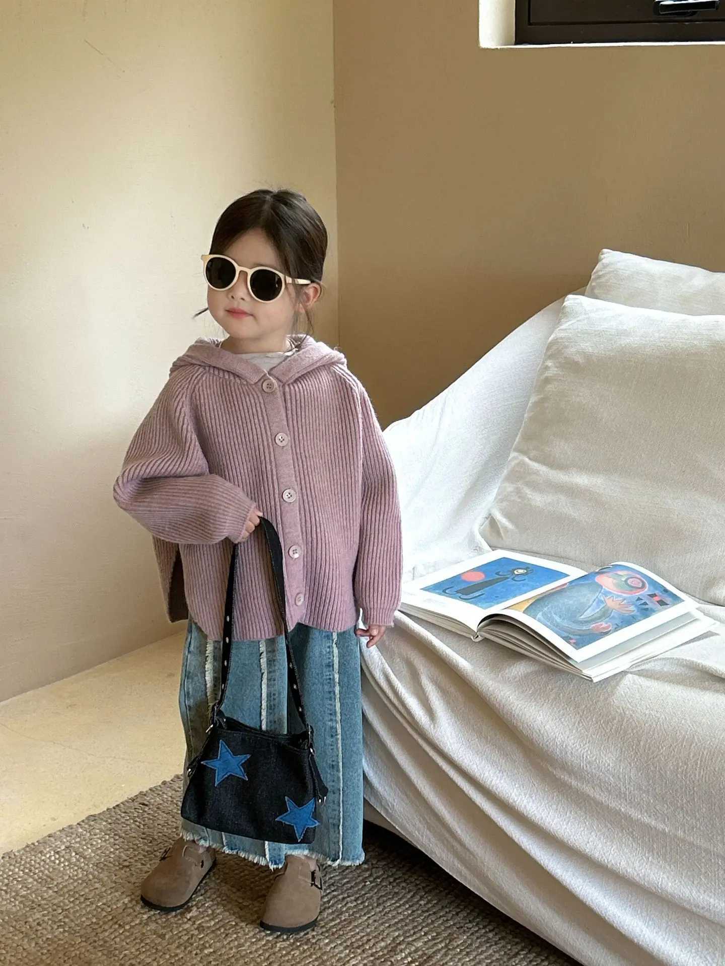 Purple sweater autumn new childrens clothing Korean girls solid color hooded sweatshirt cape style simple open seam 2024 stripes W241025