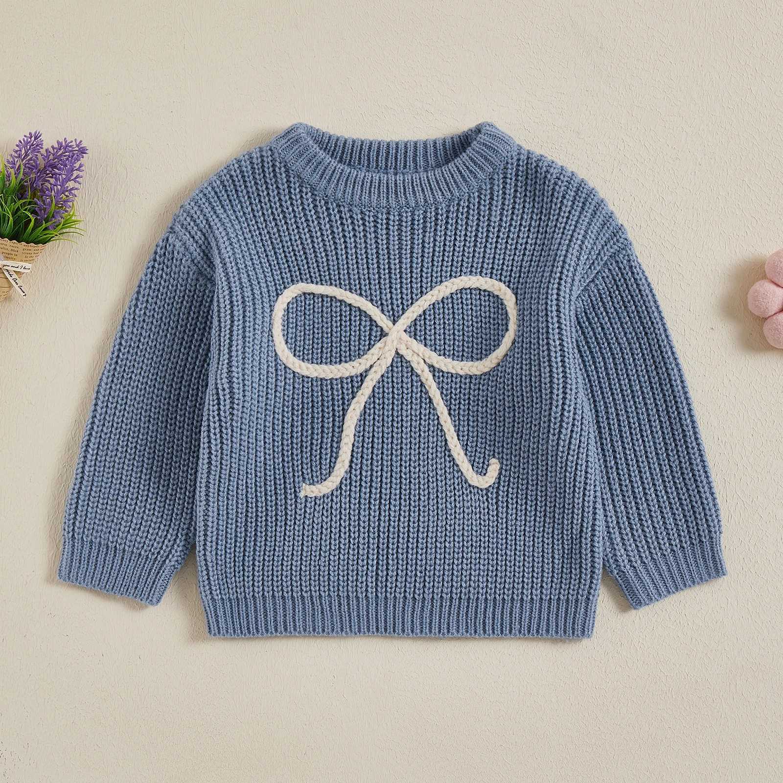 FOCUSNORM 6-Color 0-5Y Autumn Winter Cute Sweater for Children and Girls Butterfly Knot Embroidered Long Sleeve Round Neck Loose Knitted Pulling Flowe