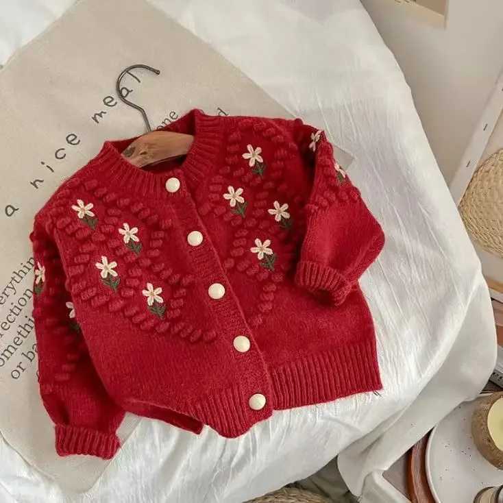 Girls sweater cardigan wool sweater autumn and winter new Korean childrens spring knitted thick top round neck knitted sweater W241025