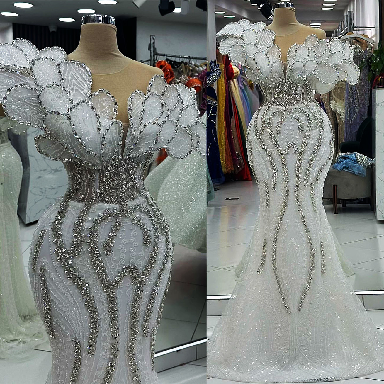 2025 Arabic Aso Ebi Plus Size Off White Mermaid Wedding Dresses Fully Beaded Rhies rals Sparkly Bridal Gowns Dress