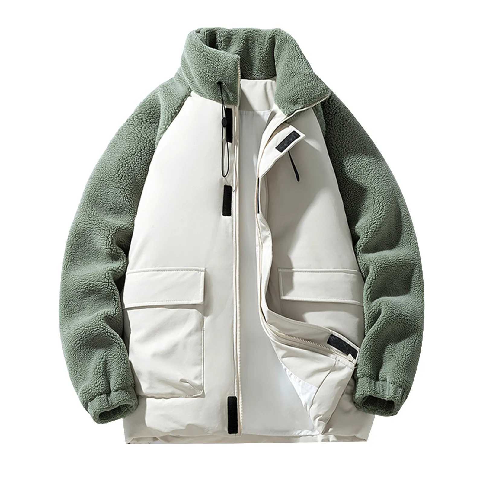 Mens winter down jacket zipper lamb wool cotton padded jacket splicing frame collar long sleeve fashionable thick jacket W241024