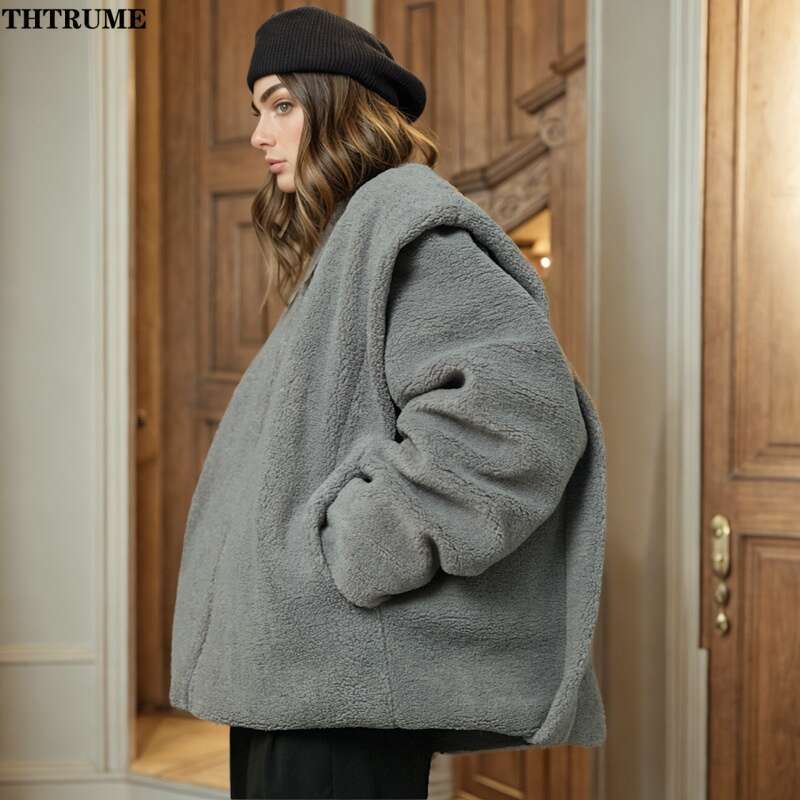 Elegant Fleece Autumn Jackets Fashion Women Solid Long Sleeve V-Neck Zipper Loose Coats Casual Streetwear Wool Thick New Jacket