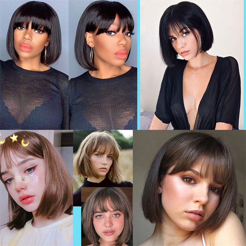 Wig for women black bangs short straight BOBO synthetic fiber wig full headpiece