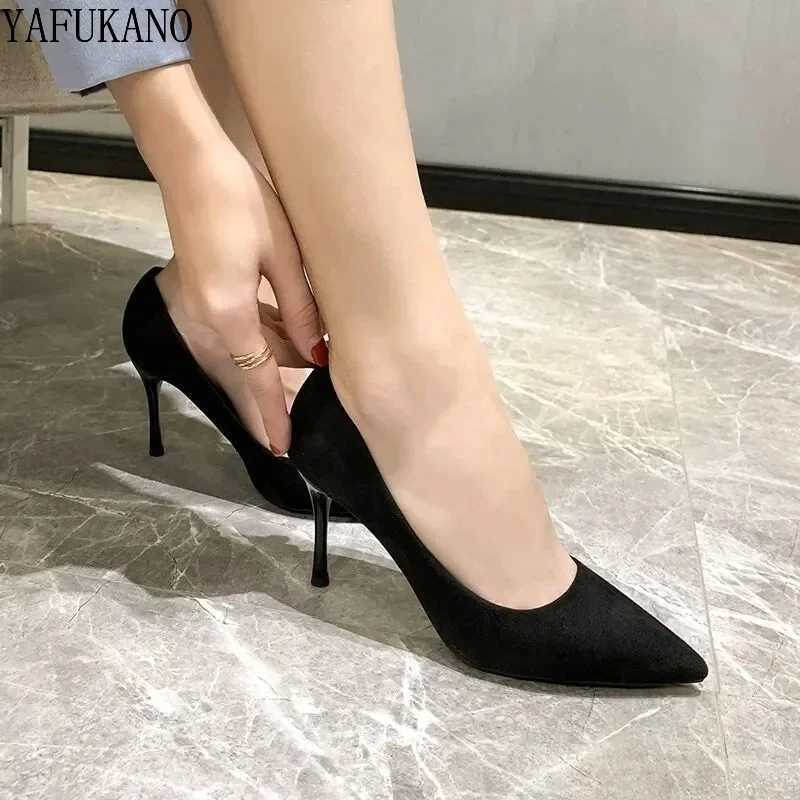 High Quality Hot womens shoes black angular toe suede professional office work shoes slim high heels sexy casual pump small size single shoes 32 33 T2
