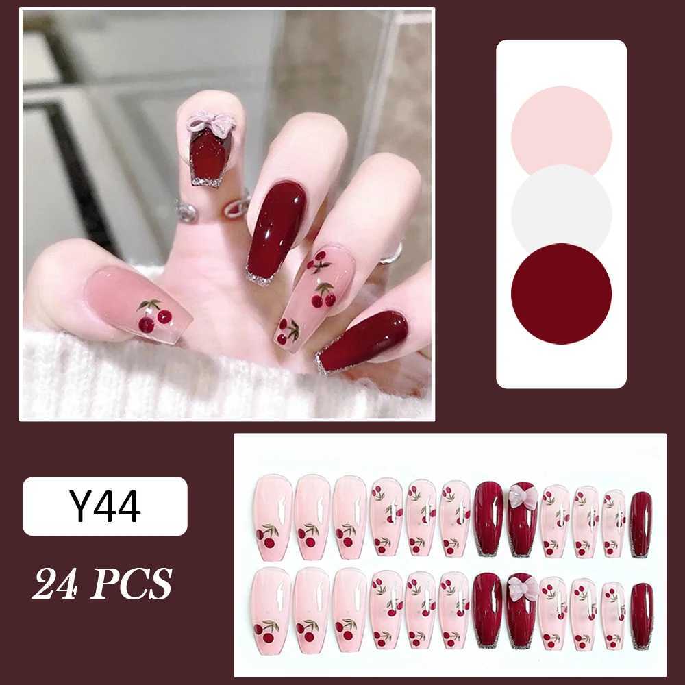 24Pcs Coffin Press on Nails Full Finished Deep Red False Nails Cherry Pattern Fake Nails for Women and Girls Fake Nail PatchXJ241025