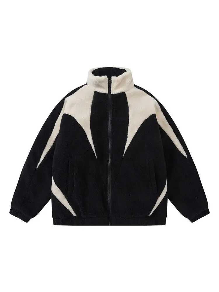 Autumn and winter new cashmere coat mens plush warm jacket fashionable casual stand up collar zipper pocket top loose version W241024