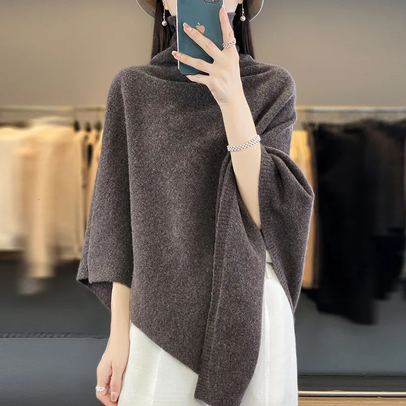Autumn and Winter 100% Wool Pile Collar Large Shawl for Women Pure Color Asymmetrical Versatile Knitted Cape with 241021