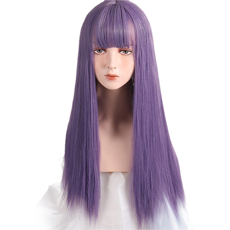 Beauty wig female black long hair full head cover new air bangs simulation long straight hair
