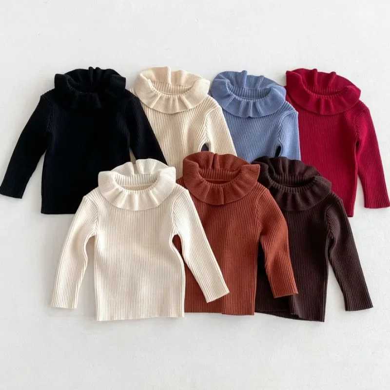 Girls winter long sleeved sweater childrens pleated turtle neck solid latte flower baby knitted bottom warm sweater childrens top W241025