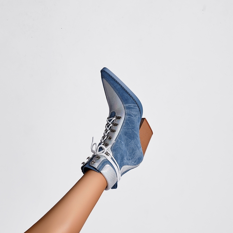 Kaky's New Pointed Denim Lace Up High Heel Large Women's Western Boots