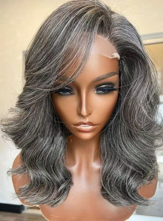 Trendy limited design 100%human hair color salt&pepper side part glueless 5x5 real invisible lace closure wig bob style 13day