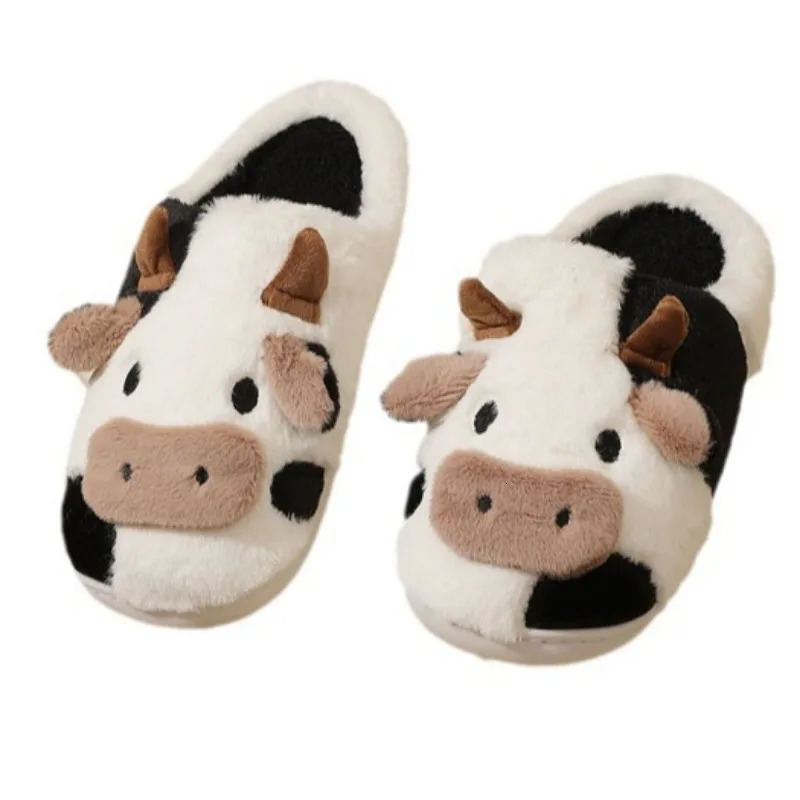 Winter Cartoon Neutral Cow Warm Plush Slide Couple Indoor Anti slip Slide Mens and Womens Toe Packaging Home Cotton Shoes 241024
