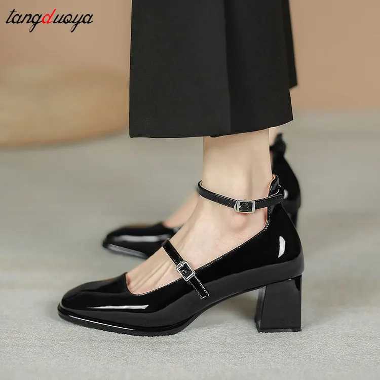 High Quality Womens shoes Mary Jane shoes womens shoes pumps patented leather high heels dresses red wedding shoes spring double buttons T241024