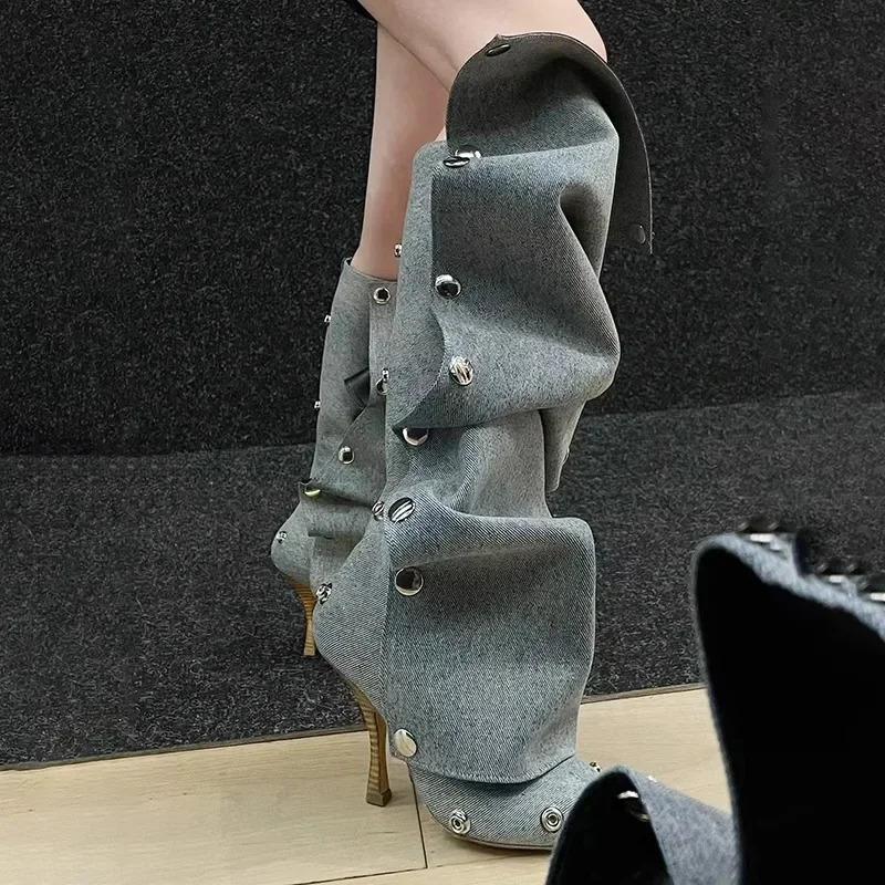 High Heel Long For Women Botte Winter Boots Shoes Botas Thin Heeled Pointed Denim Metal Button Shoe Atos De Mujer