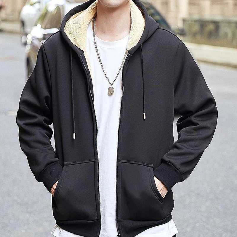Alobee winter Lambswool jacket thick jacket long sleeved zipper sports hoodie casual wool black jacket hooded mens jacket W241024