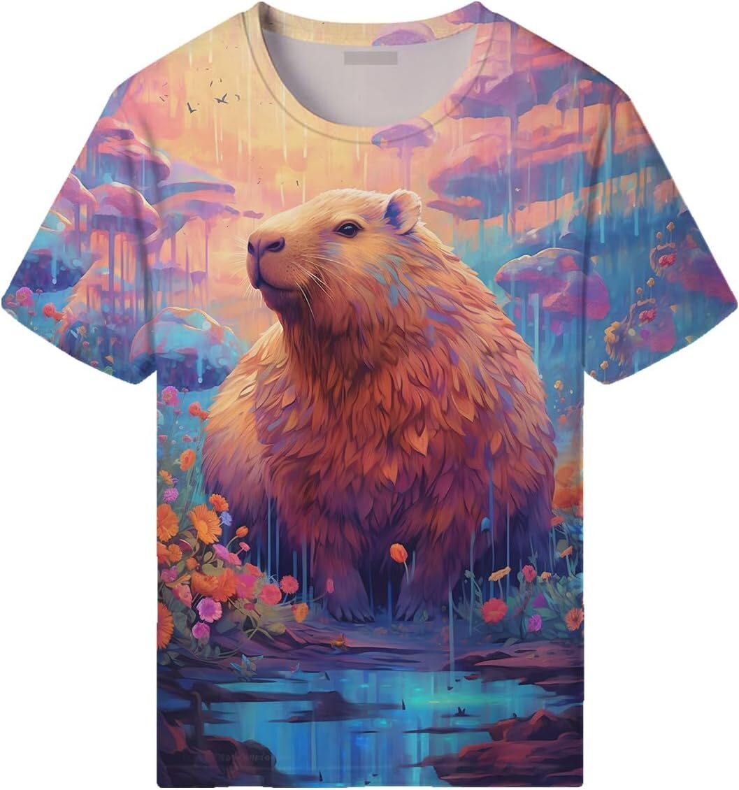 Mens T shirt Colorful 3D Capybara Cool Graphic Short Sleeve Casual Tropical Animal tee Casual tops summer clothes Hip hop trend