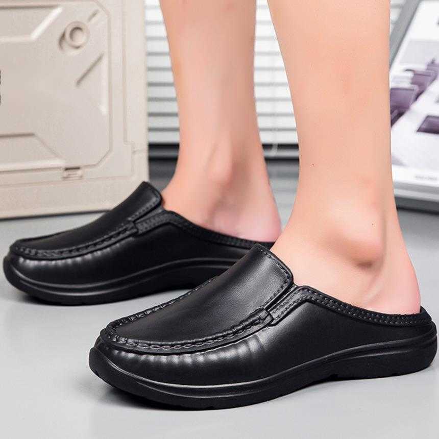 Men Dress Shoes Mens Half Slippers Summer New Style Leather Shoes Lazy Shoes One Foot Sandals Mens Driving Thick Bottom Casual Small Casual Shoes 2410