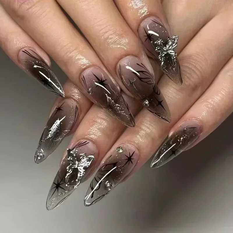 24Pcs False Nails Spicy Girl Silver Bow with Diamond Fake Nails with Glue Almond Press on Nails Black Cool Y2k Almond Nail SetXJ241025