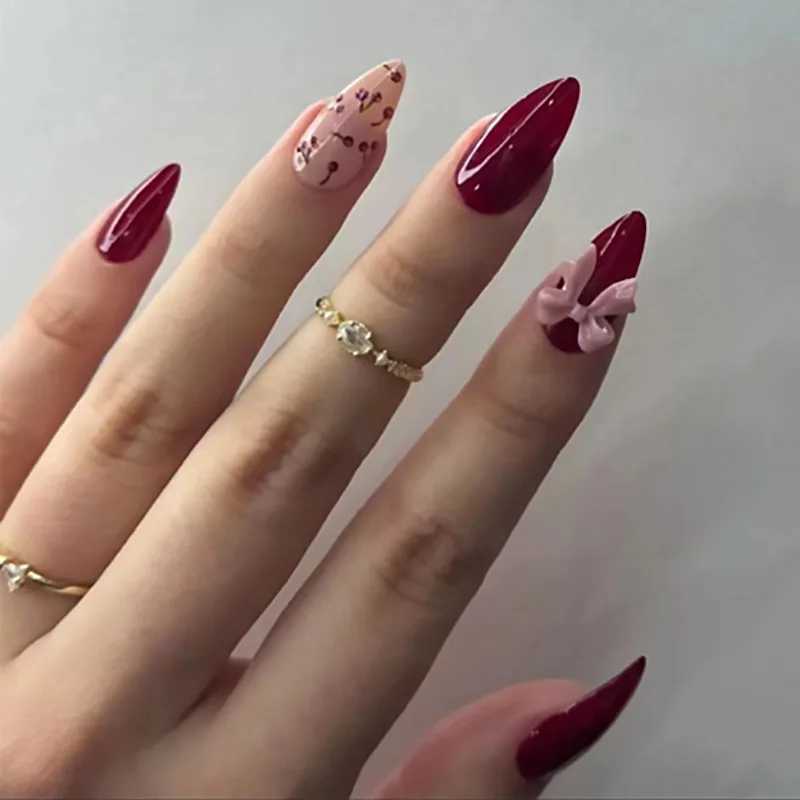 24Pcs Solid Color Red Press on Fake Nails with Bow Design Mid-length Almond False Nail Litchi Pattern Wearable Oval Nail Art TipXJ241025